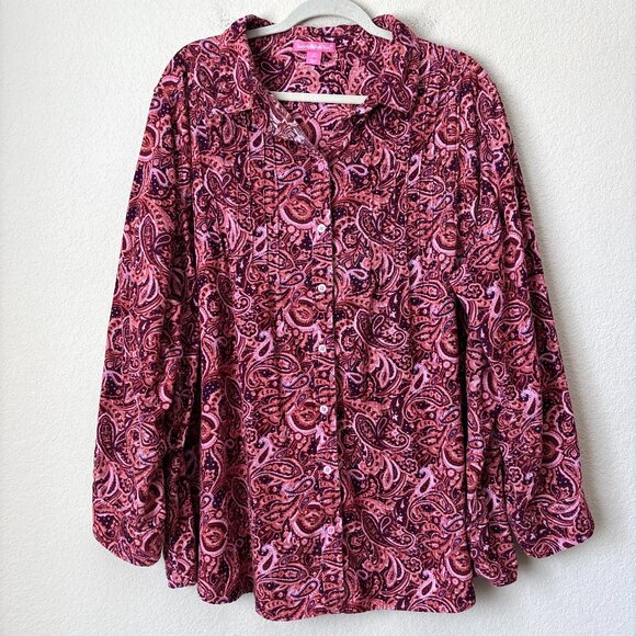 Woman Within 2X Corduroy Paisley Print Pintuck Button Up Cotton Shirt - Picture 1 of 14